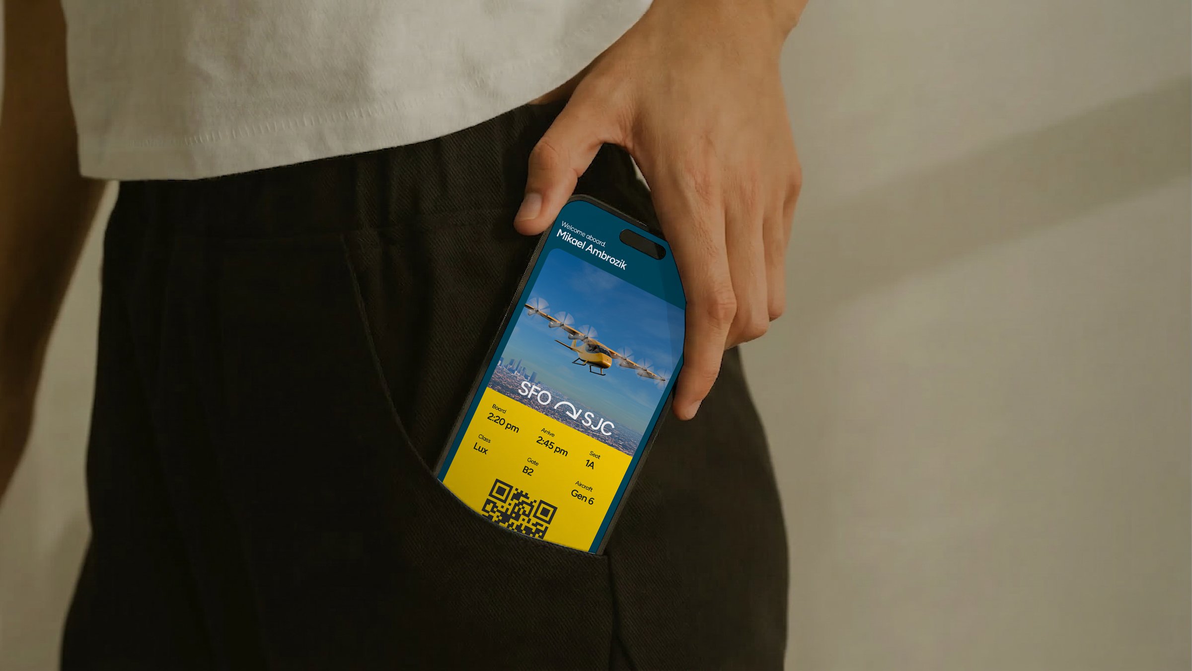 Wisk app boarding pass, SFO to SJC, on a phone slipping into a pocket