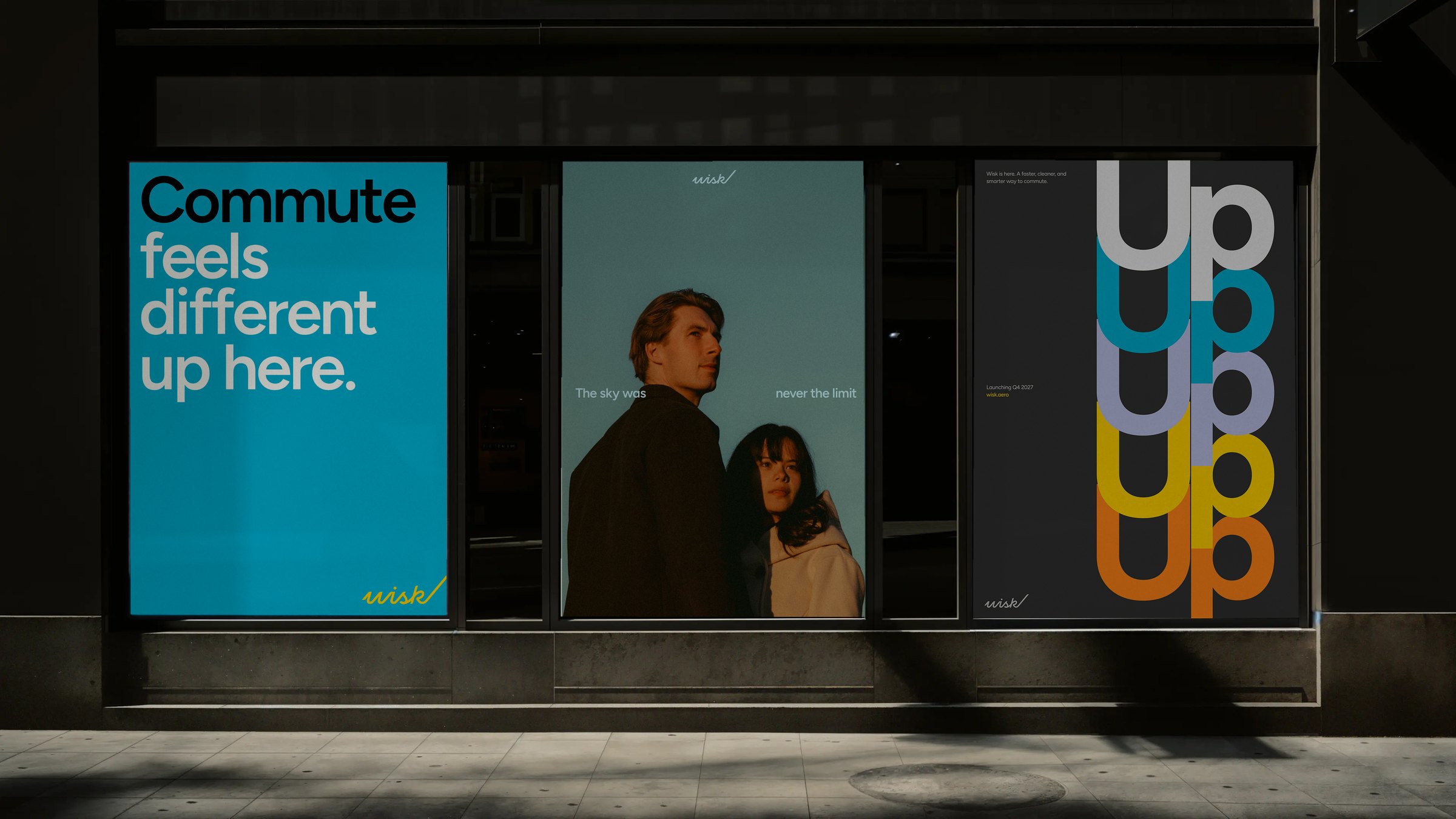 Three Wisk street posters: Commute feels different up here, The sky was never the limit, and a stacked Up typographic poster