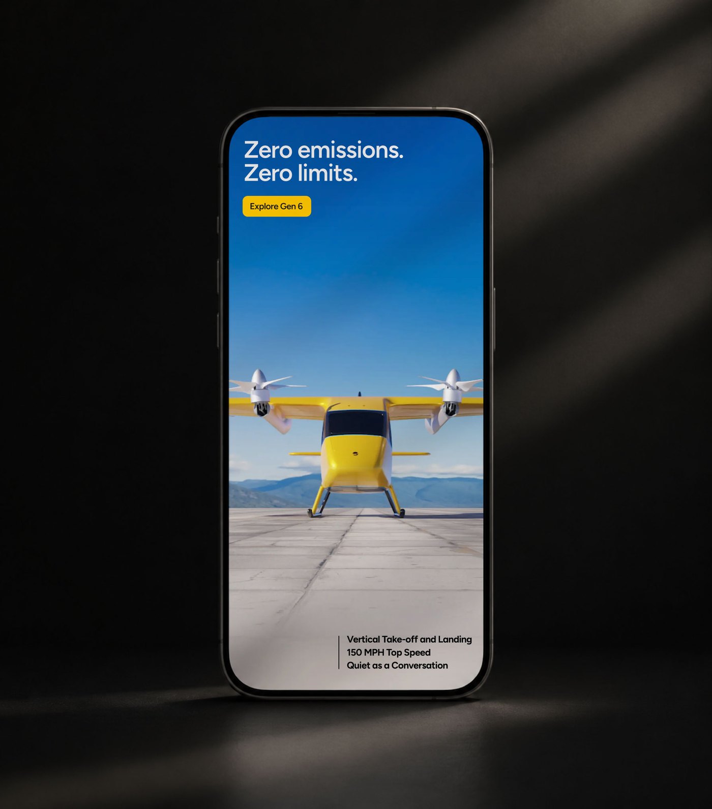 Phone showing the Wisk Gen 6 screen: Zero emissions. Zero limits.
