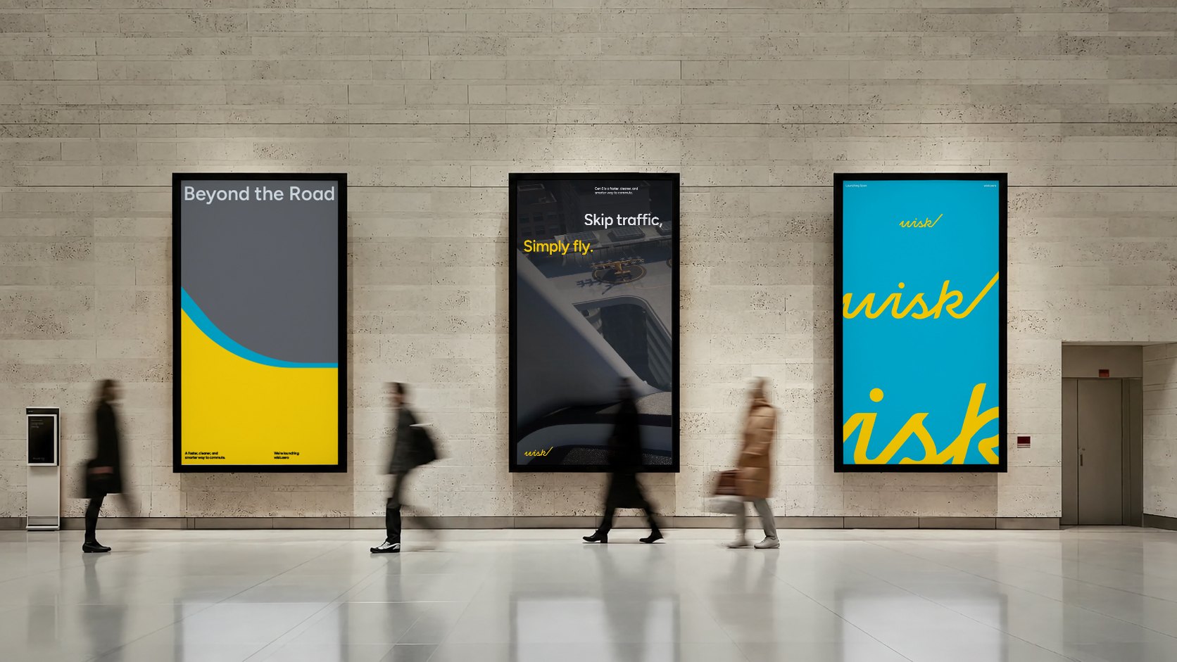 Three Wisk posters on a terminal wall: Beyond the Road, Skip traffic, Simply fly., and the Wisk wordmark