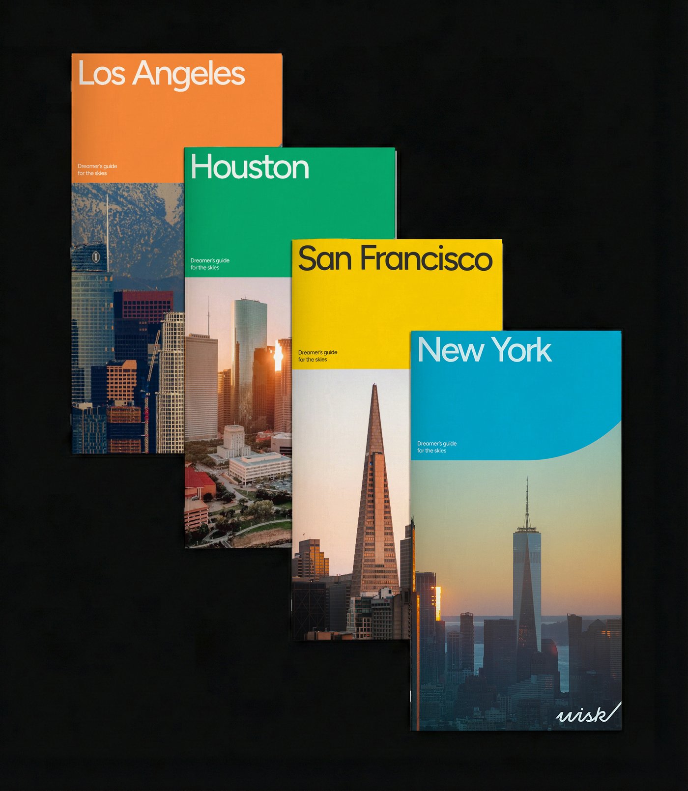 Wisk city guide brochures for Los Angeles, Houston, San Francisco and New York