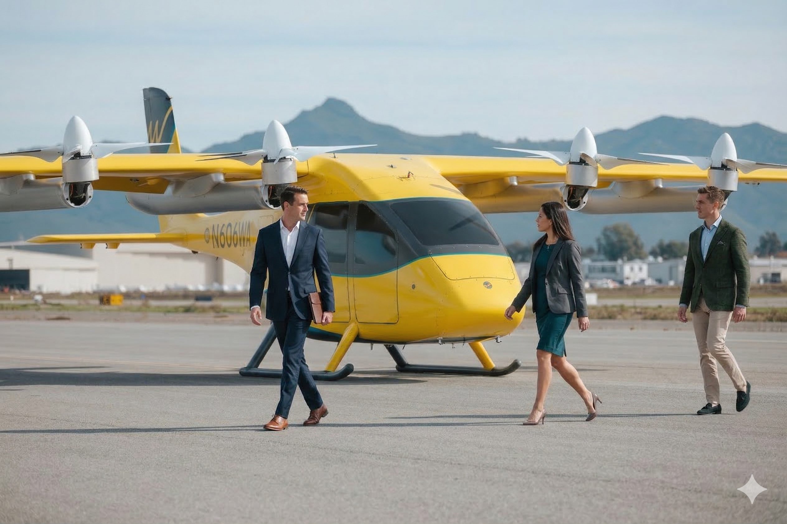 Passengers walking away from a Wisk Generation 6 air taxi on the tarmac